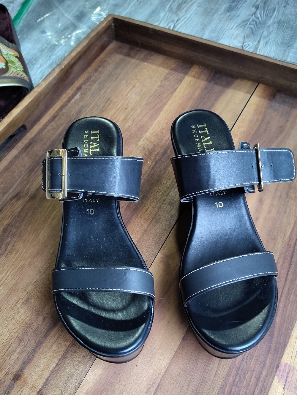 Italian Shoemakers Black Slide Sandals with Gold Buckles